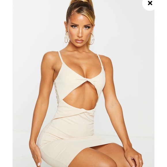 stone ribbed strappy cut out detail bodycon dress Sleeveless Gold Trim Detail Cut Out Mini Bodycon Dress In Stone Texture